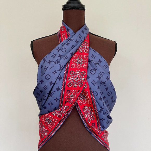 Louis Vuitton Wrap Monogram Logo Oversize Square Blue Silk Scarf - Picture 1 of 16